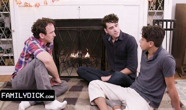 Family Pinkish Cigar - Successful Man Invites His Stepsons For Thanksgiving trio-Way In Front Of The Fireplace